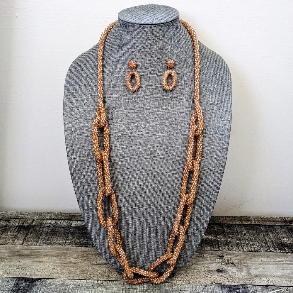 Chico's Tan Glass Beaded Necklace & Earring Set